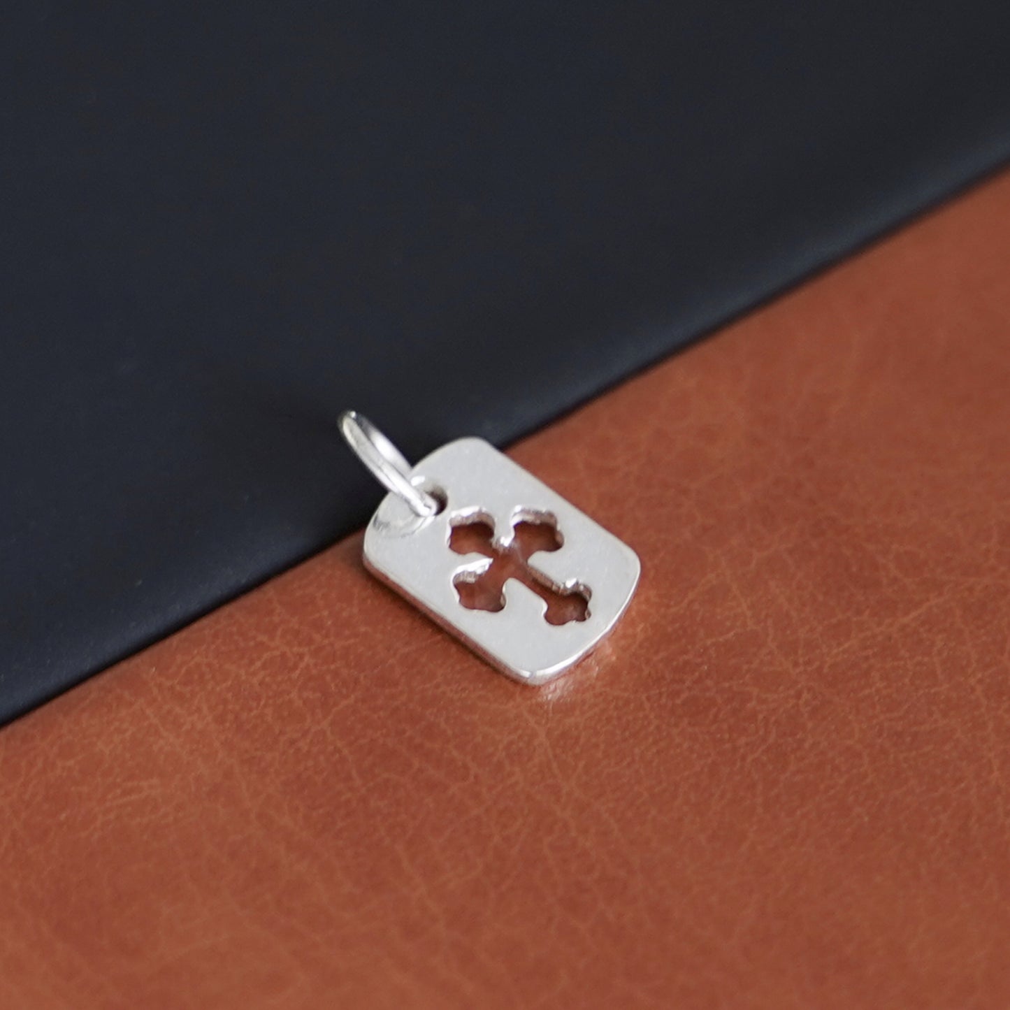 Sterling Silver Small Hollow Floral Cross Dog Tag Charm Pendant - sugarkittenlondon