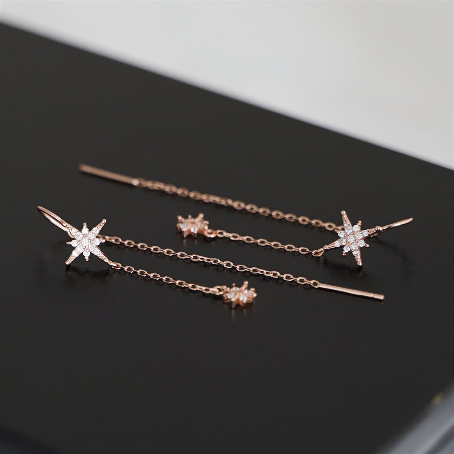 Rose Gold Threader Earrings with Paved CZ Pole Star Chain Drops - sugarkittenlondon