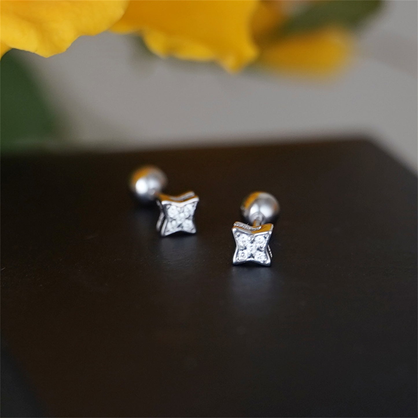 Mini Star Stud Earrings in Sterling Silver with CZ Bead and Ball Screw Back - sugarkittenlondon