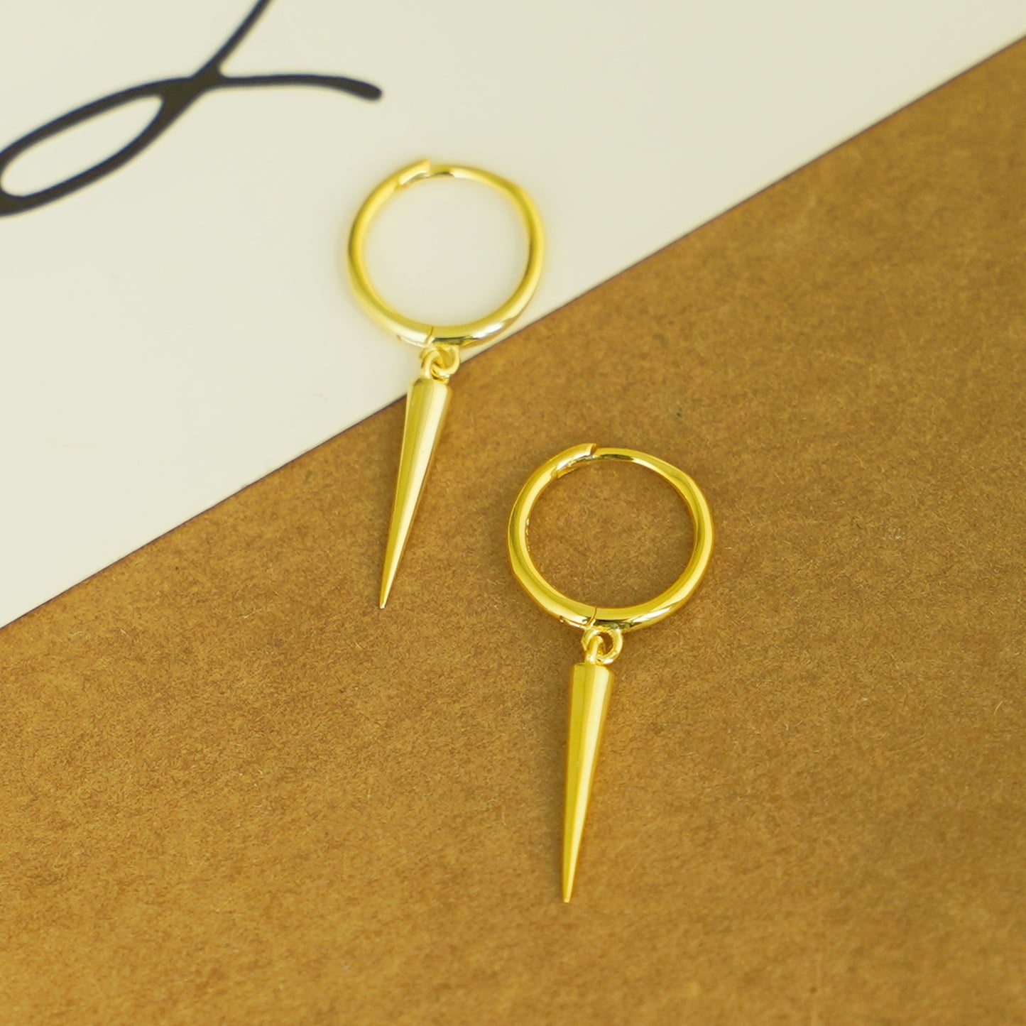 18K Gold on Sterling Silver Long Cone Spike Charm Drop Hinged Hoop Earrings - sugarkittenlondon