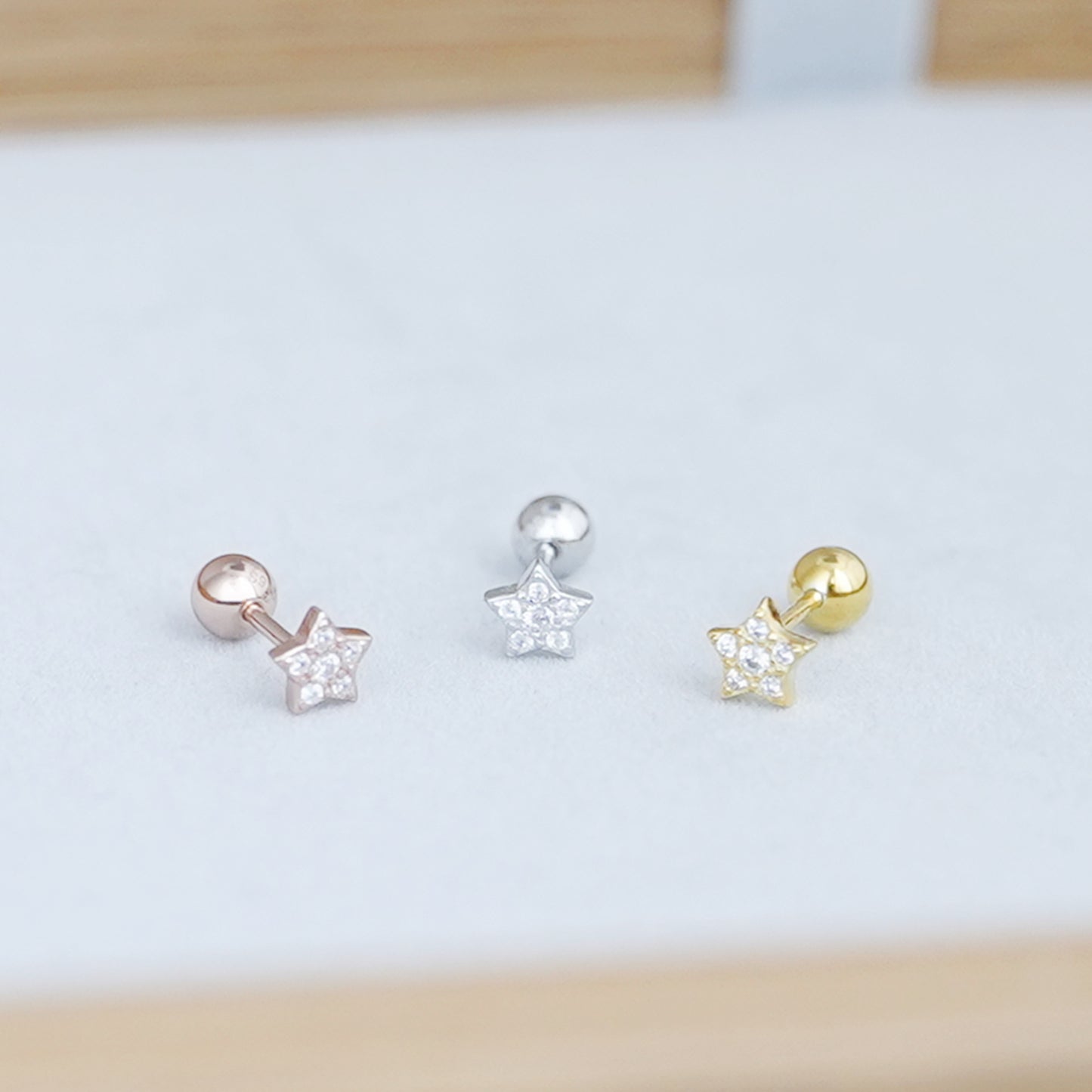 Sterling Silver Mini Shiny CZ Star Barbell Bead Ball Screw Back Earrings 3 Tones - sugarkittenlondon