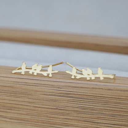 Gold on Sterling Silver Birds on A Branch Vine Curved Climber Crawler Earrings - sugarkittenlondon
