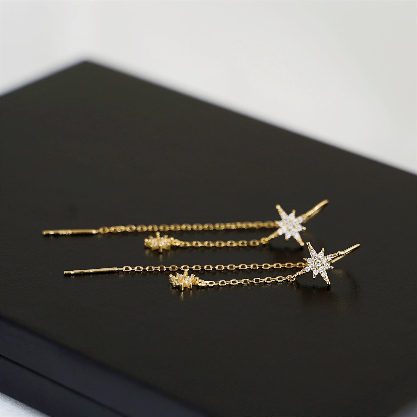 Gold on Sterling Silver Paved CZ Pole Star Chain Drop Pull Through Earrings - sugarkittenlondon