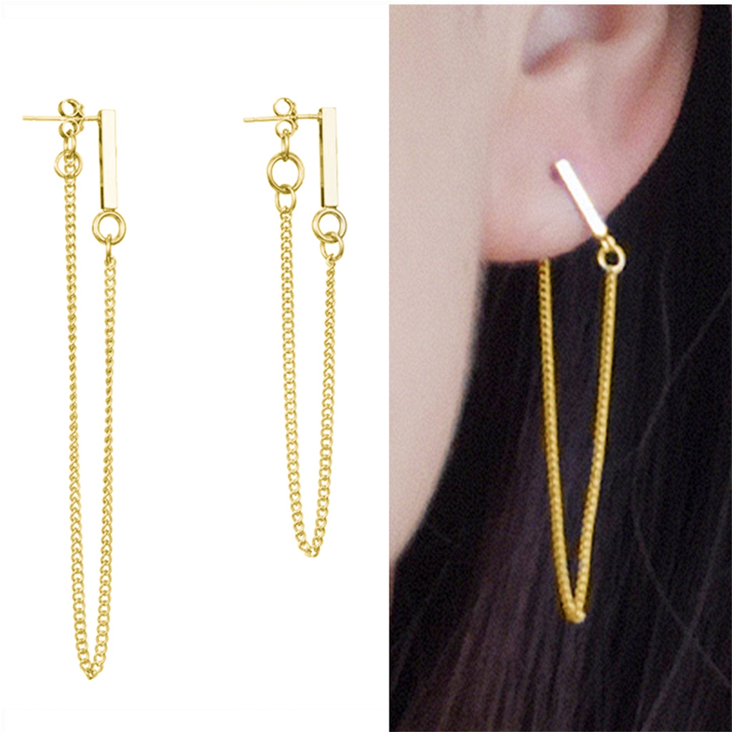 Gold on Sterling Silver Asymmetrical Line Bar Chain Biker Drop Jacket Earrings - sugarkittenlondon