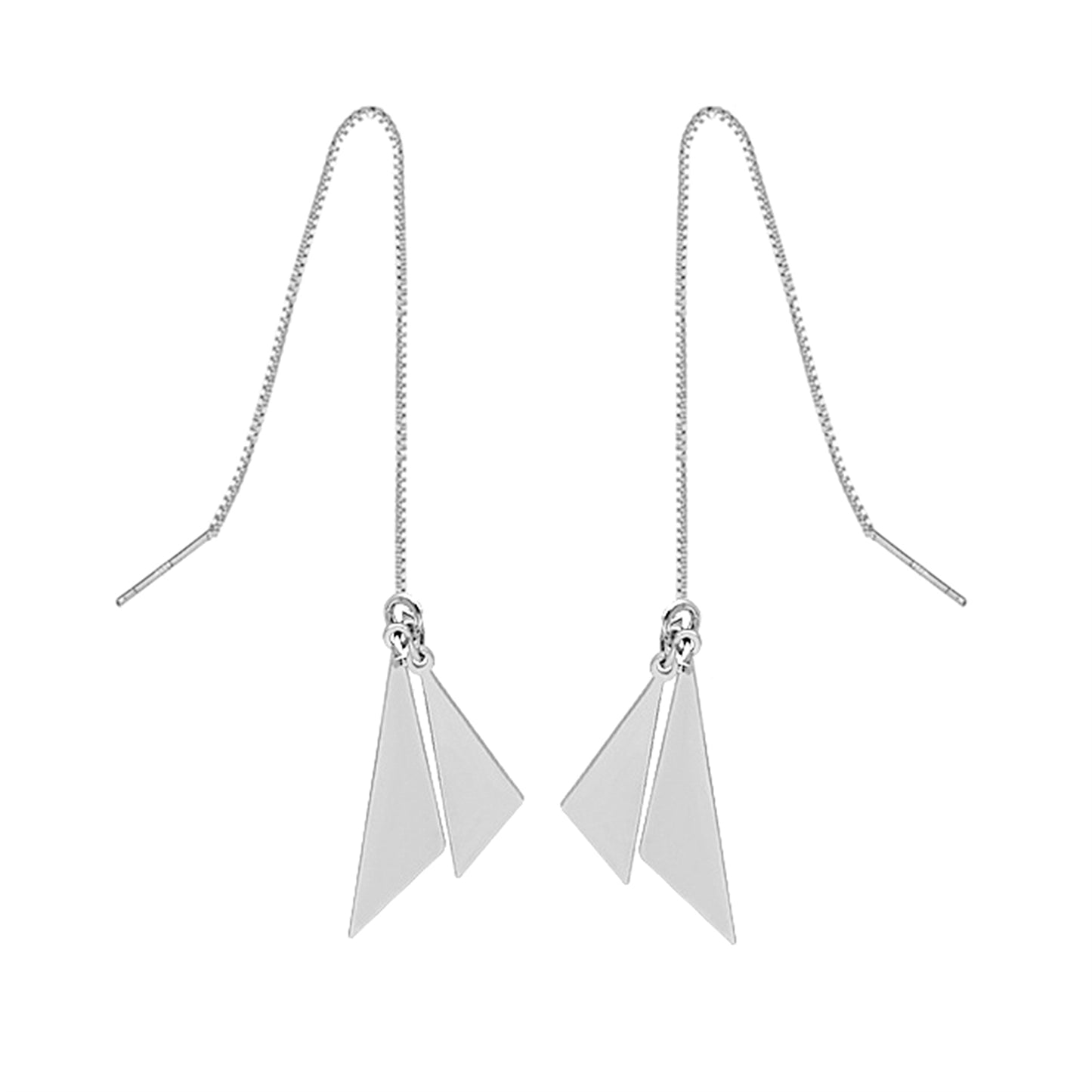 Sterling Silver Double Triangle Shiny Drop Pull Through Threader Dangle Earrings - sugarkittenlondon