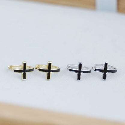 9mm Cross Hoop Earrings in Sterling Silver with Black Glaze - sugarkittenlondon