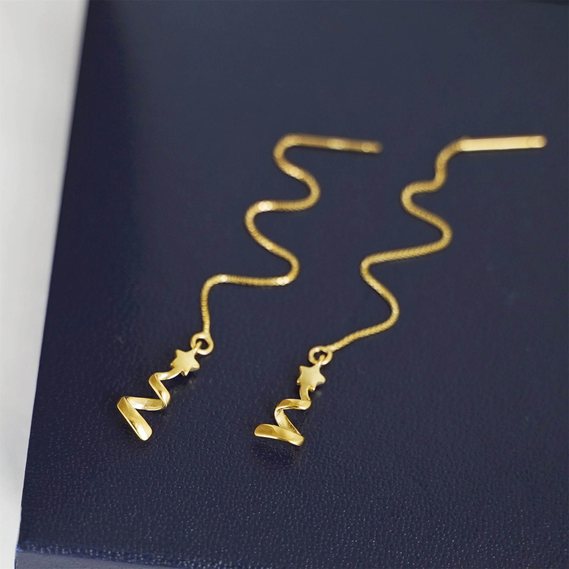 Gold on Sterling Silver Star Ribbon Xmas Tree Pull Through Threader Earrings - sugarkittenlondon