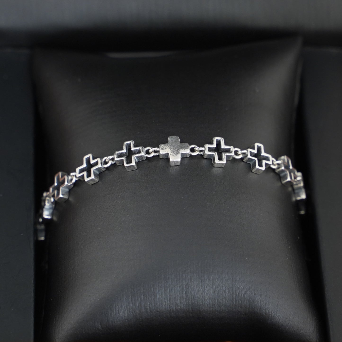 Sterling Silver Oxidized Linked Sideways Cross Horizontal Chain Bracelet - sugarkittenlondon