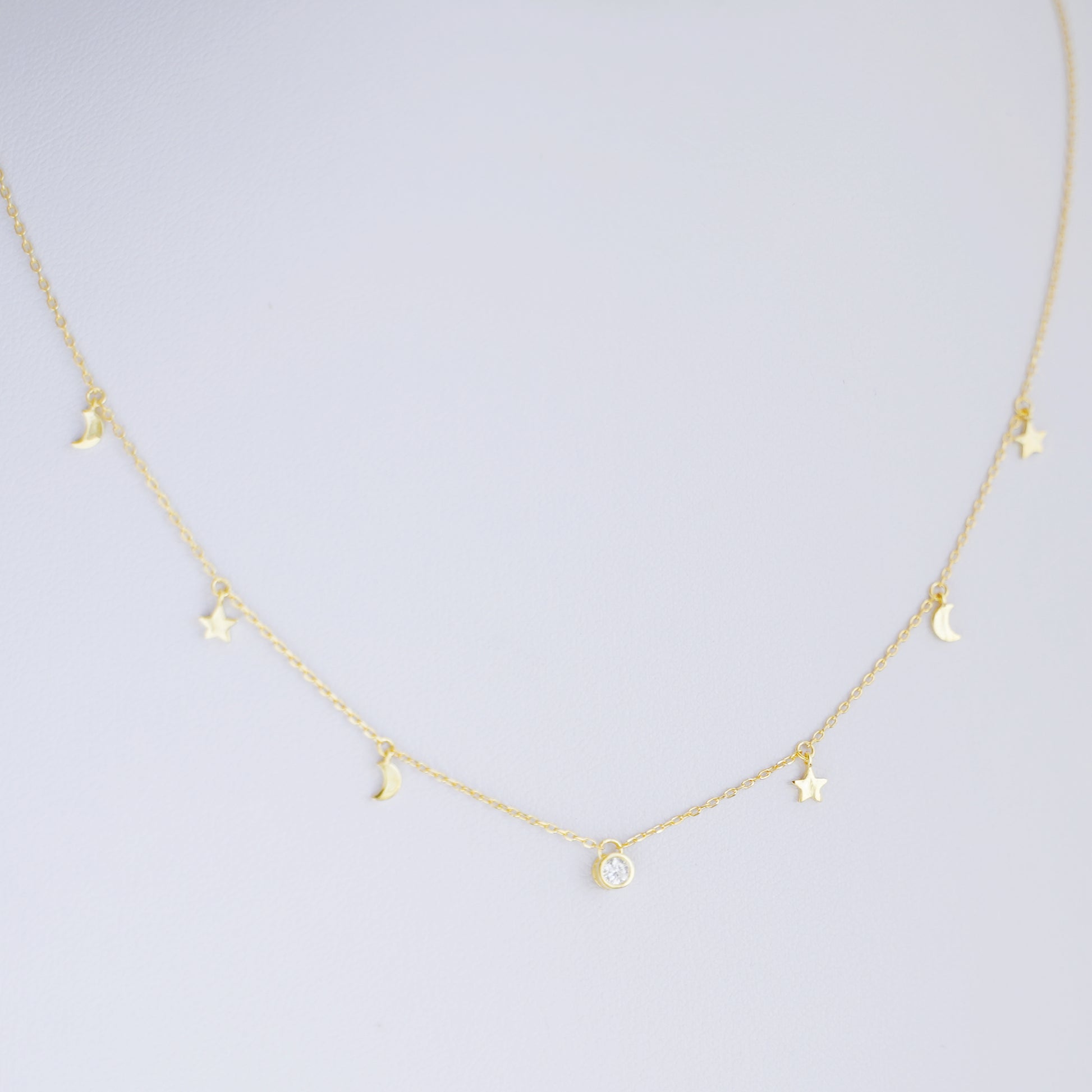 Sterling Silver Mini Star Crescent Moon Bezel Solitaire Charm Drip Necklace 2 Tones - sugarkittenlondon
