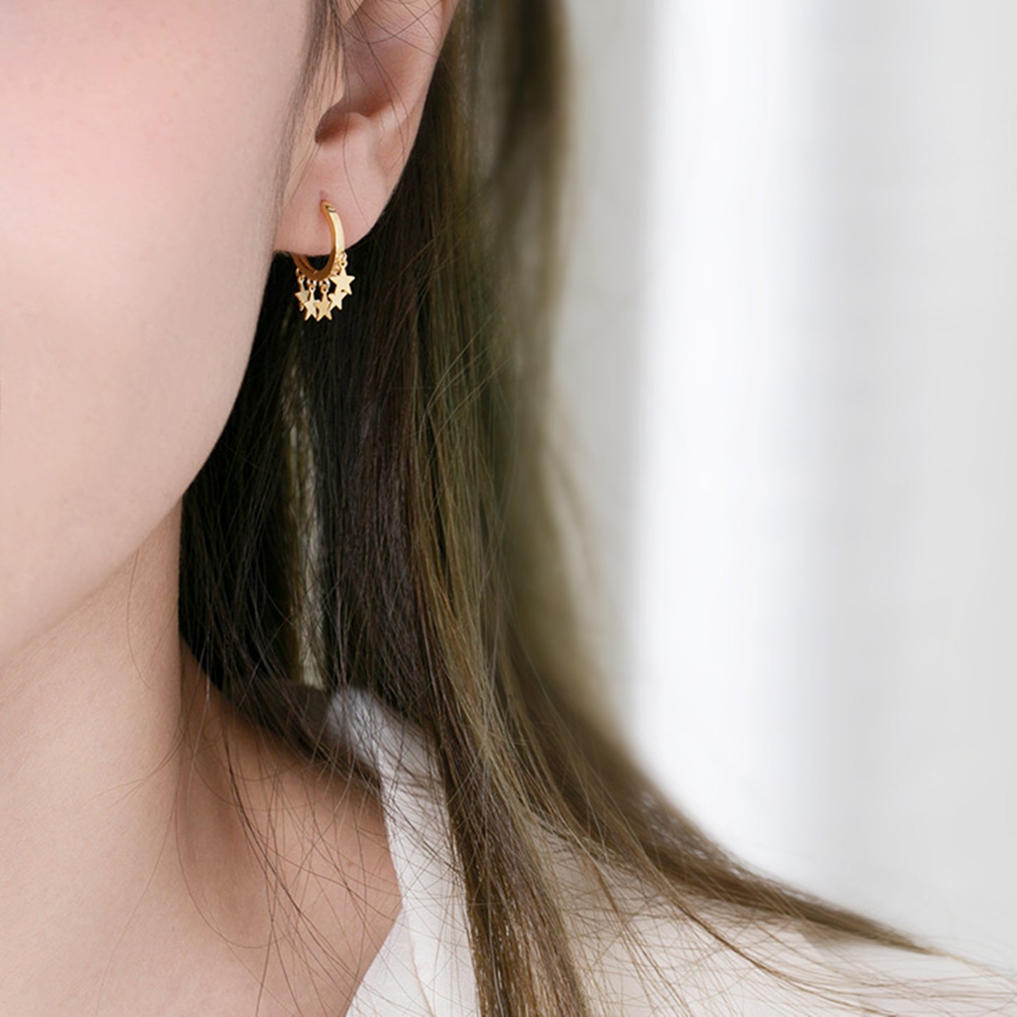 18K Gold-plated Sterling Silver Star Sleeper Hinged Hoop Charm Drop Earrings - sugarkittenlondon