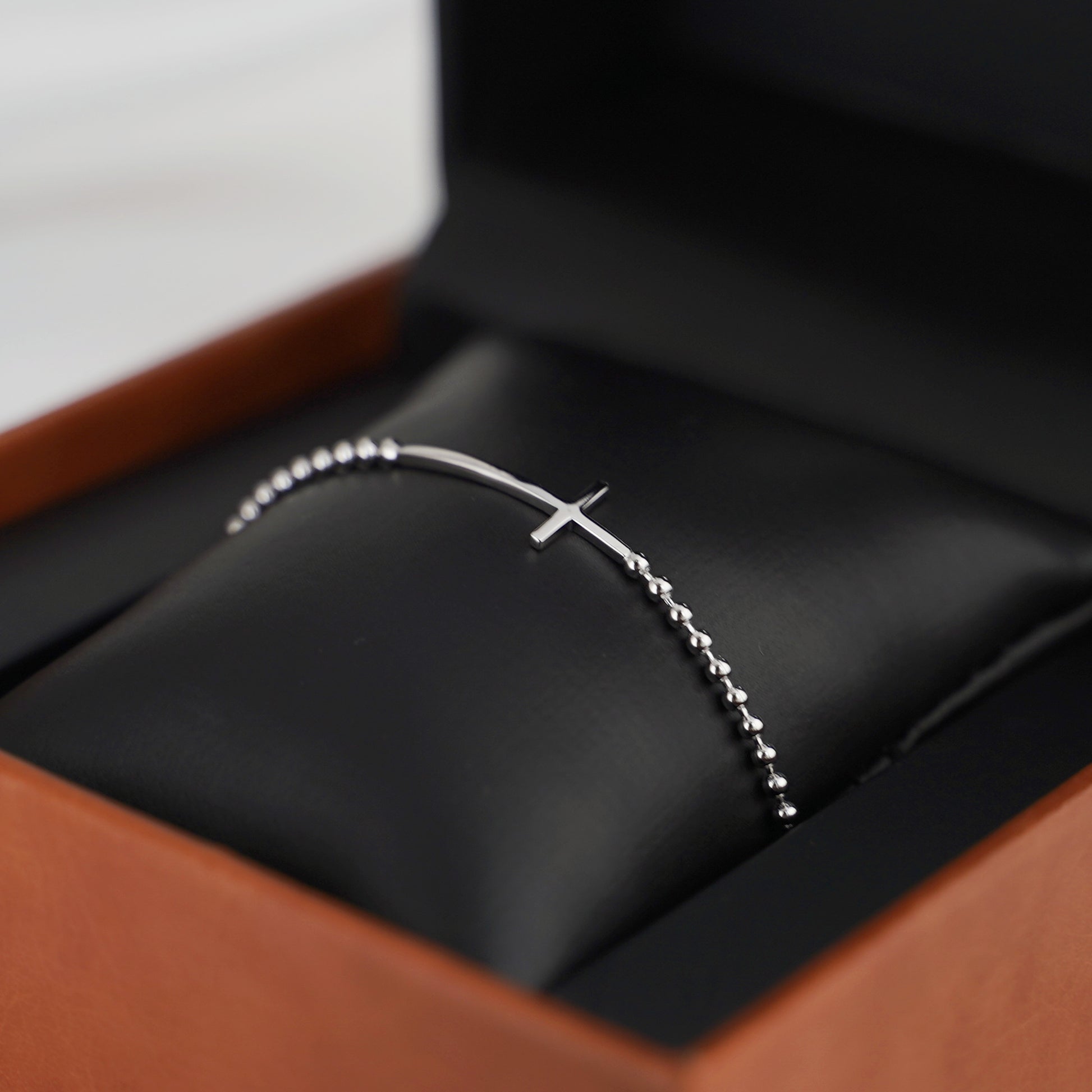 Sterling Silver Sideways Cross Horizontal Bead Ball Chain Bracelet - sugarkittenlondon