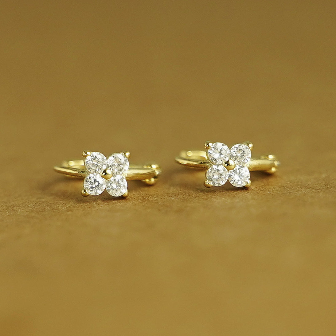 Elegant CZ Flower Huggie Earrings in Sterling Silver with 18K Gold Plating - sugarkittenlondon