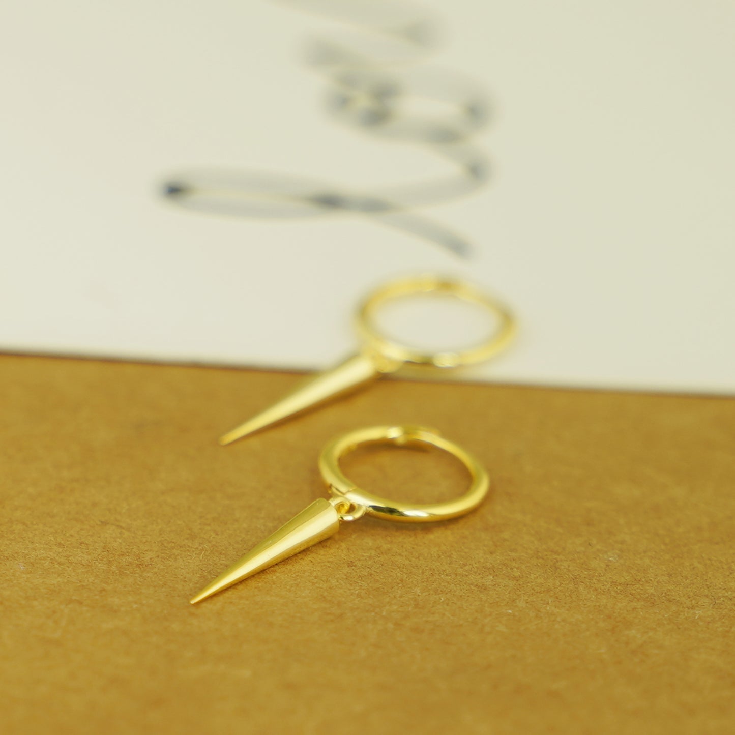 18K Gold on Sterling Silver Long Cone Spike Charm Drop Hinged Hoop Earrings - sugarkittenlondon