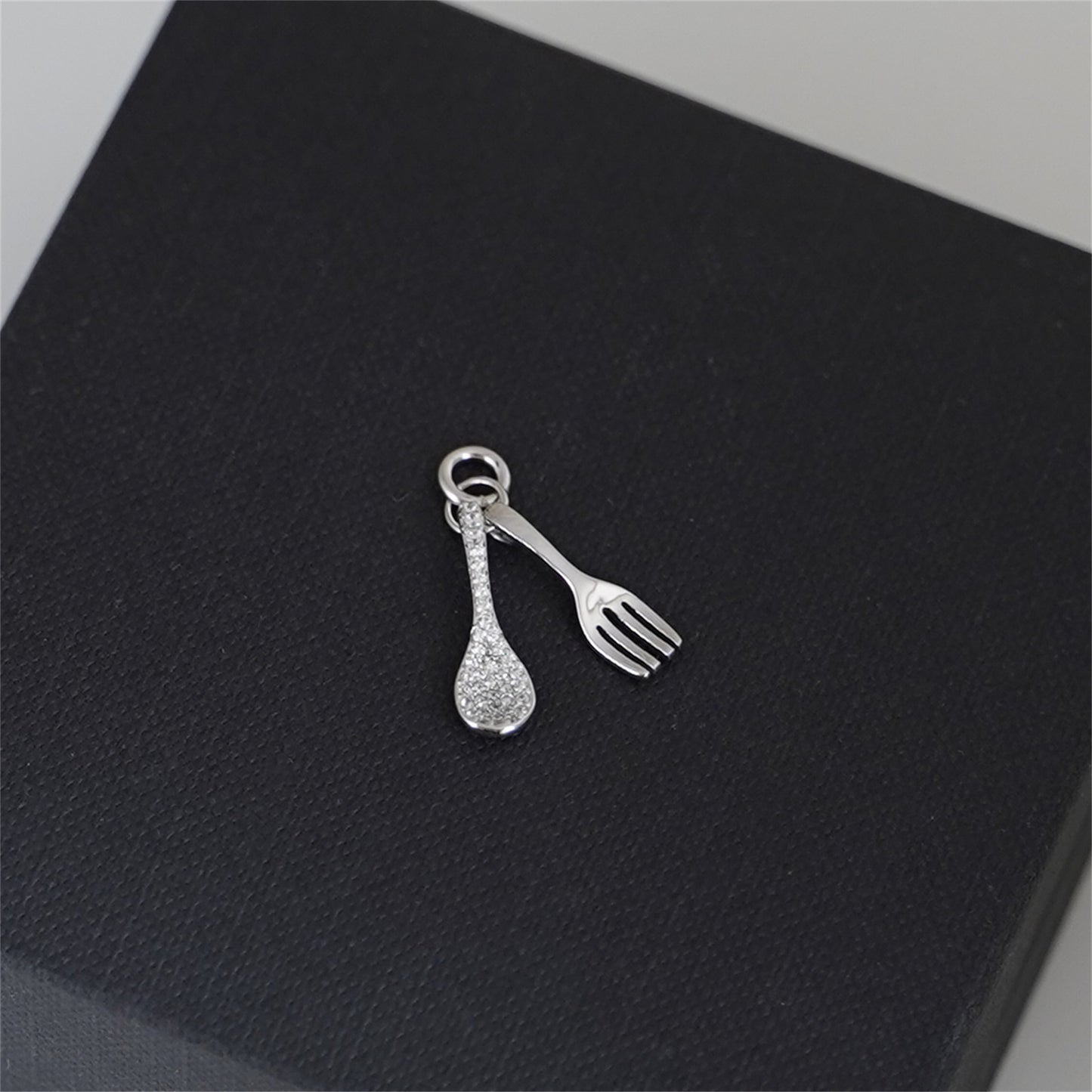 Rhodium on Sterling Silver Miniature Spoon Fork Paved CZ Charm Pendant Necklace - sugarkittenlondon