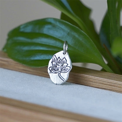 Sterling Silver Oxidized Carved Lotus Flower Yoga Zen Namaste Tag Pendant Charm - sugarkittenlondon