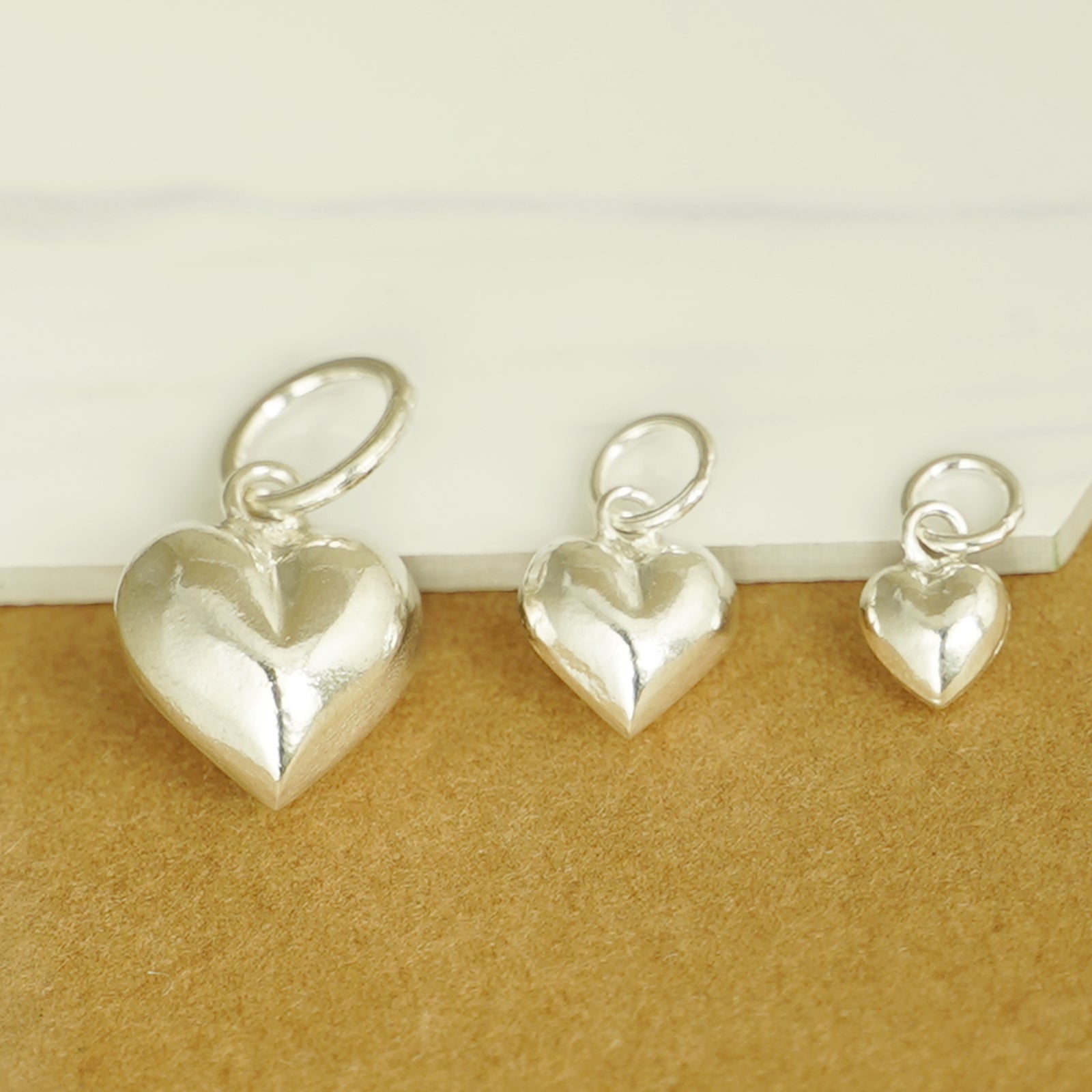 Sterling Silver 3D Puffy Shiny Plain Peach Love Heart Pendant Charm 6 9 13mm - sugarkittenlondon