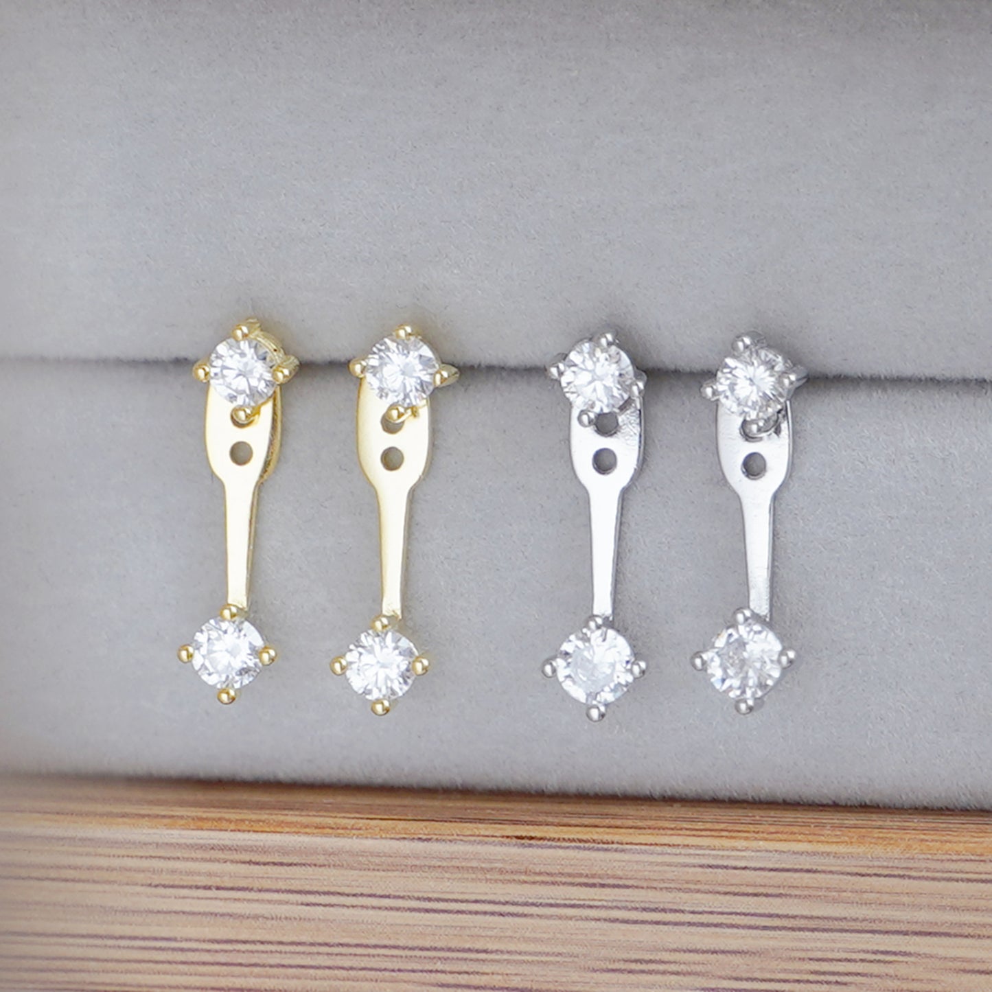 Double 4mm CZ Bar Drop Jacket Hug Two Way Earrings in 18K Gold on Sterling Silver | CZ Earring Jacket - sugarkittenlondon