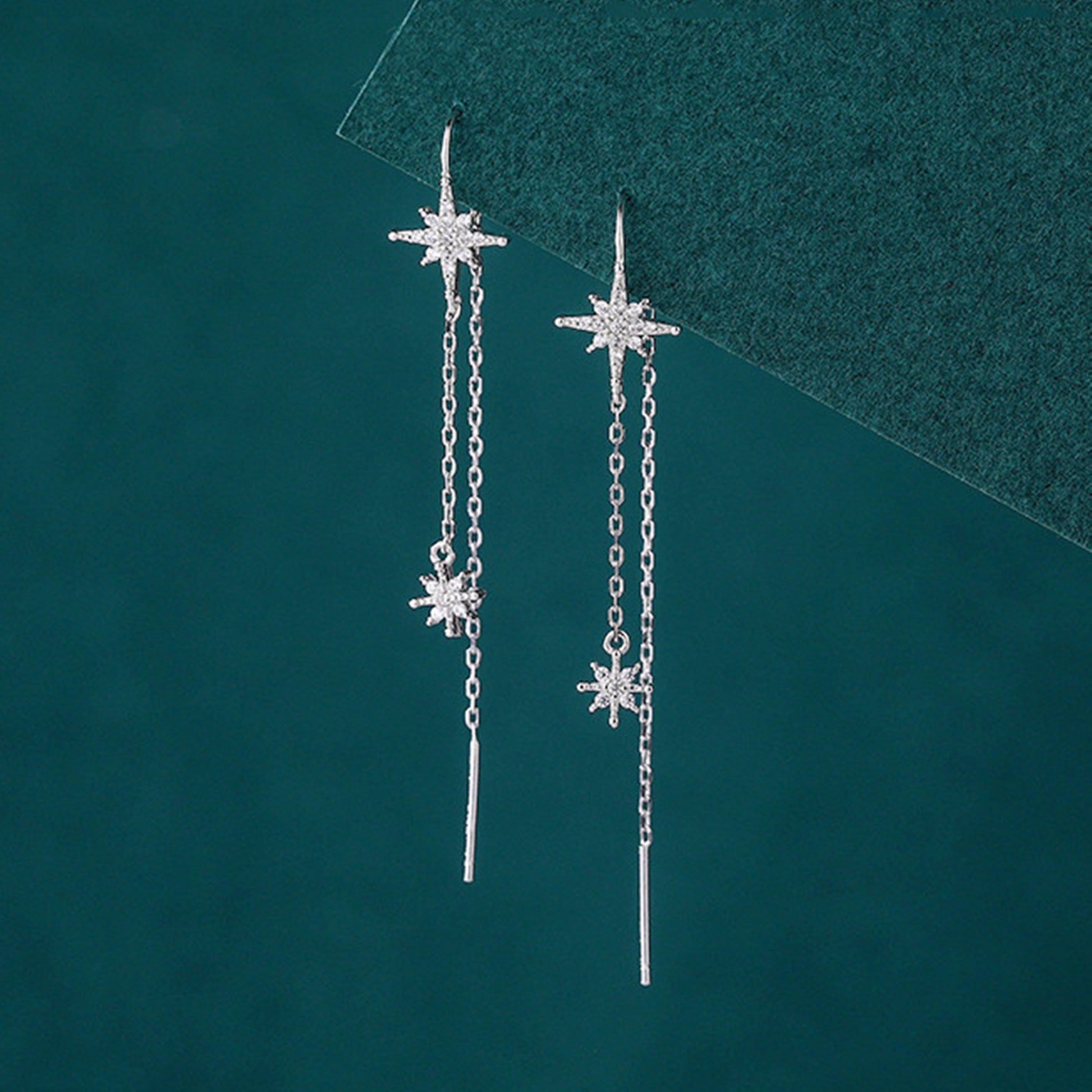 925 Sterling Silver Threader Earrings with Paved CZ Pole Star Chain Drop - sugarkittenlondon