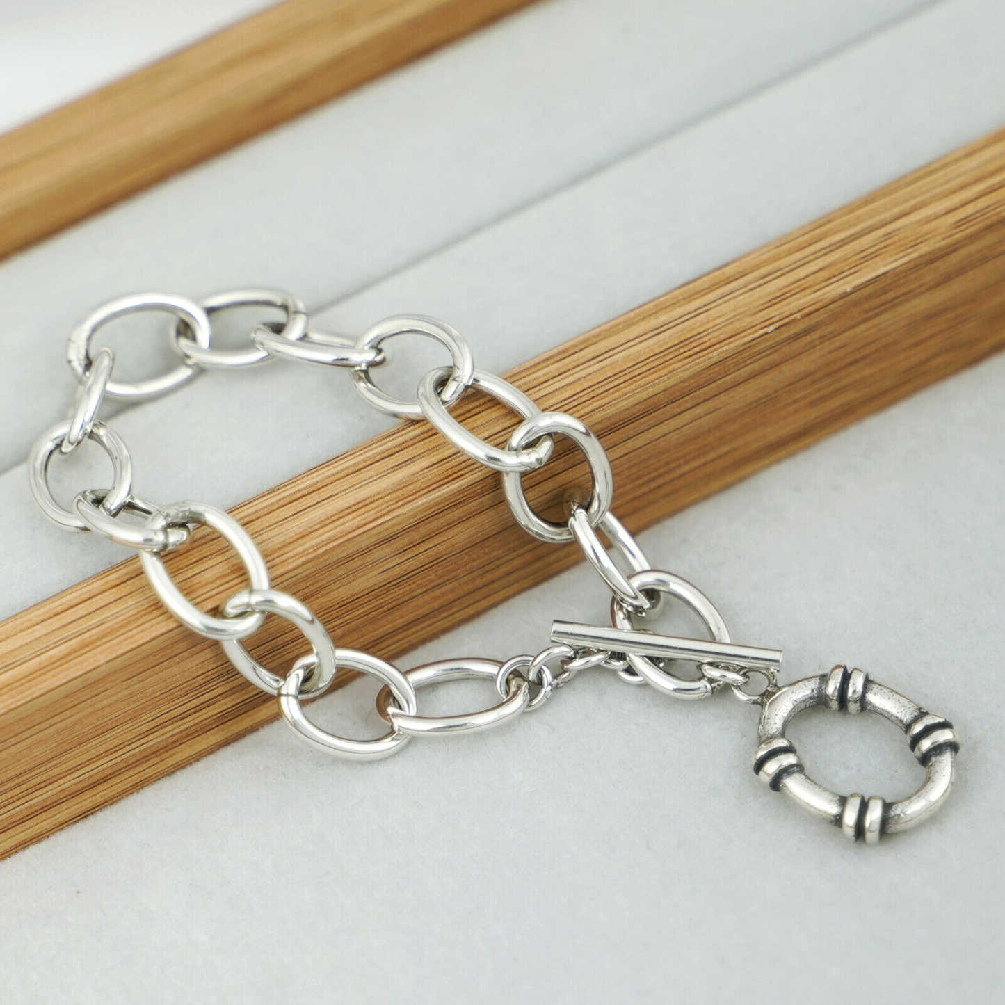 Sterling Silver Small Wrist Linked Circle Chain T Bar Bracelet Full UK Hallmark - sugarkittenlondon