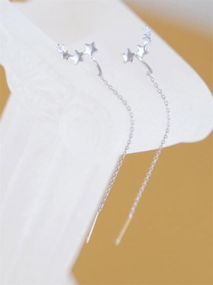 925 Sterling Silver CZ Chain Threader Earrings with Linked Stars in 2 Tones - sugarkittenlondon