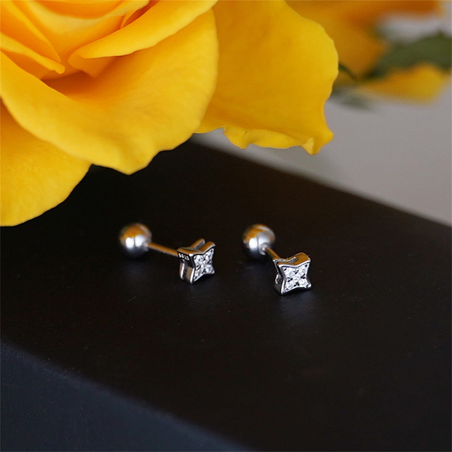 Mini Star Stud Earrings in Sterling Silver with CZ Bead and Ball Screw Back - sugarkittenlondon