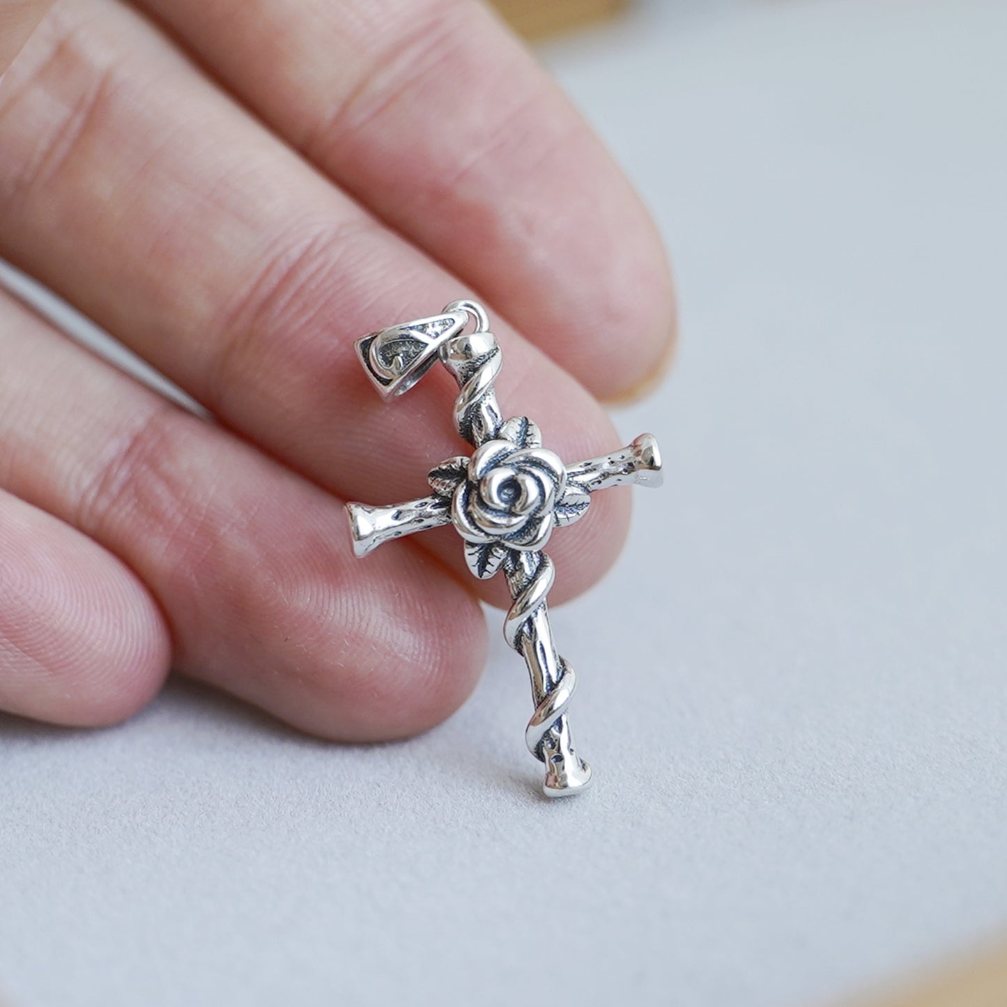 Sterling Silver Oxidized 3D Rose Thorn Cross Christian Pendant Necklace Boxed - sugarkittenlondon