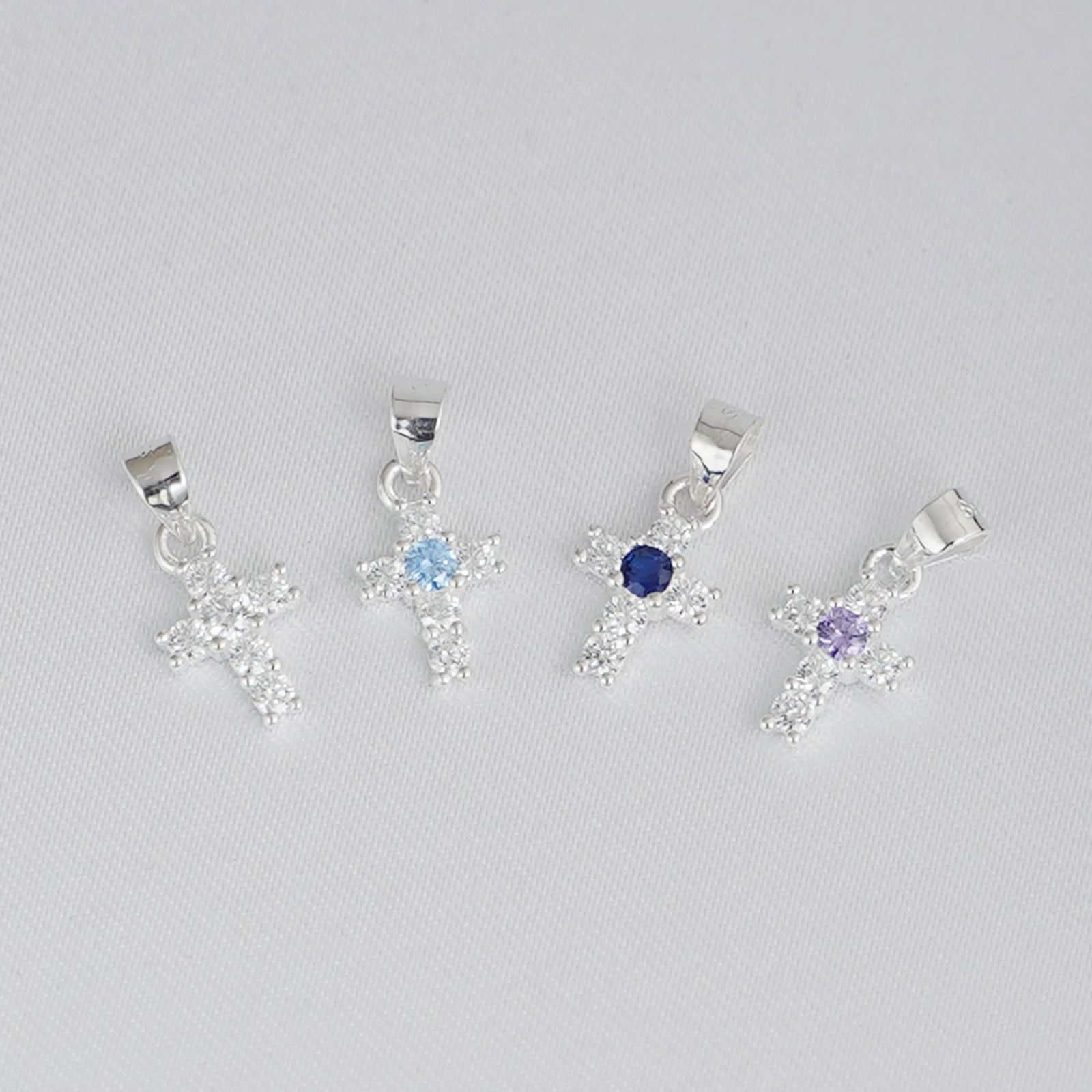 Sterling Silver Mini Cross Pendant Claw CZ Charm White Light Blue Blue Purple - sugarkittenlondon