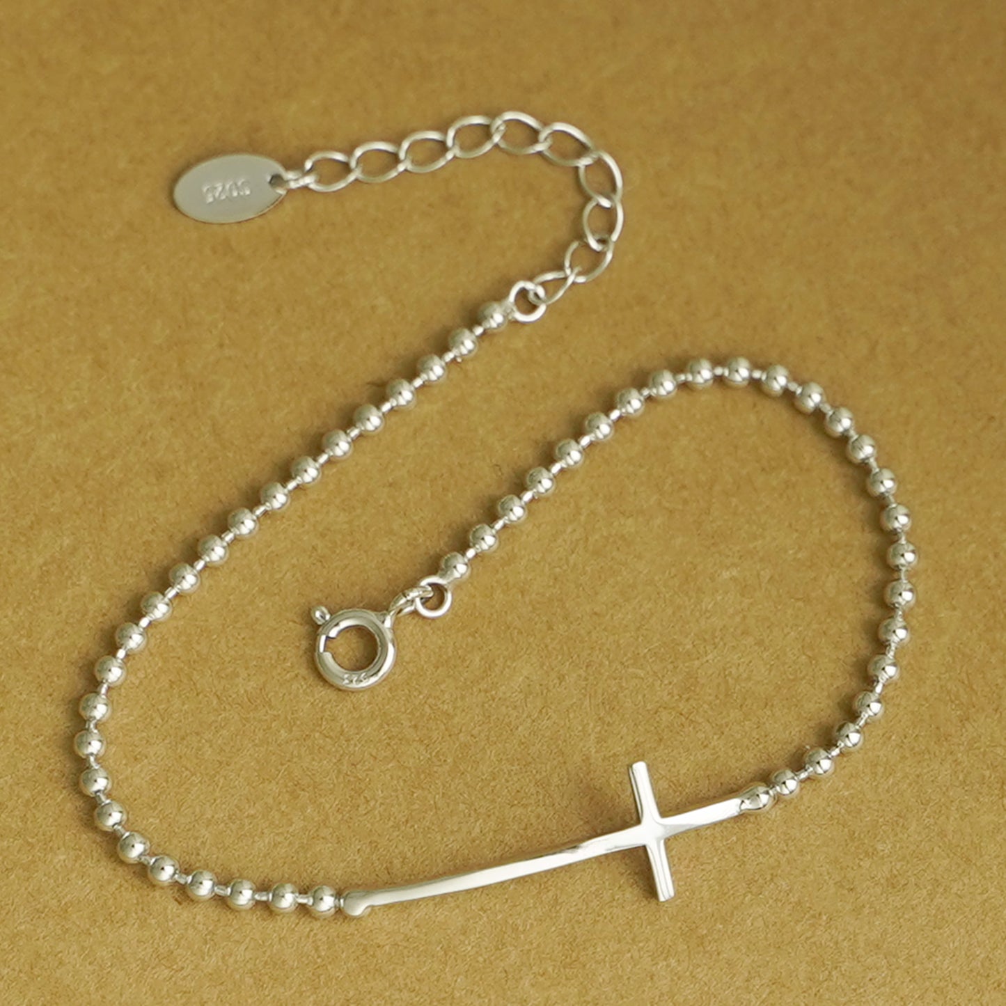 Sterling Silver Sideways Cross Horizontal Bead Ball Chain Bracelet - sugarkittenlondon