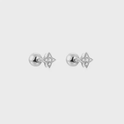 Mini Star Stud Earrings in Sterling Silver with CZ Bead and Ball Screw Back
