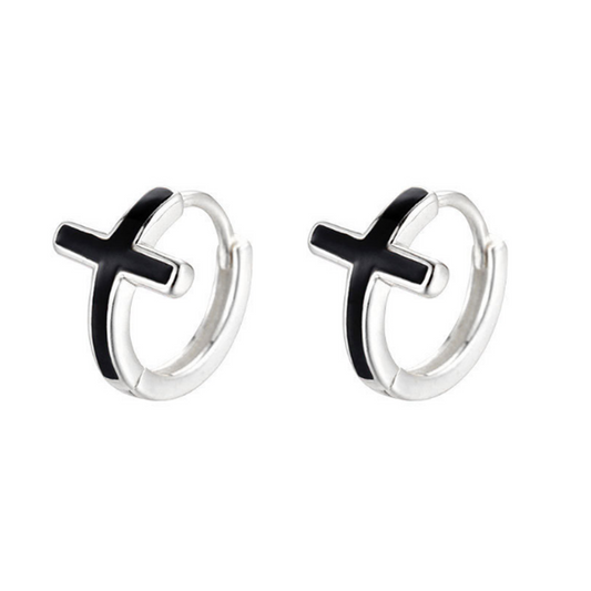 9mm Cross Hoop Earrings in Sterling Silver with Black Glaze - sugarkittenlondon