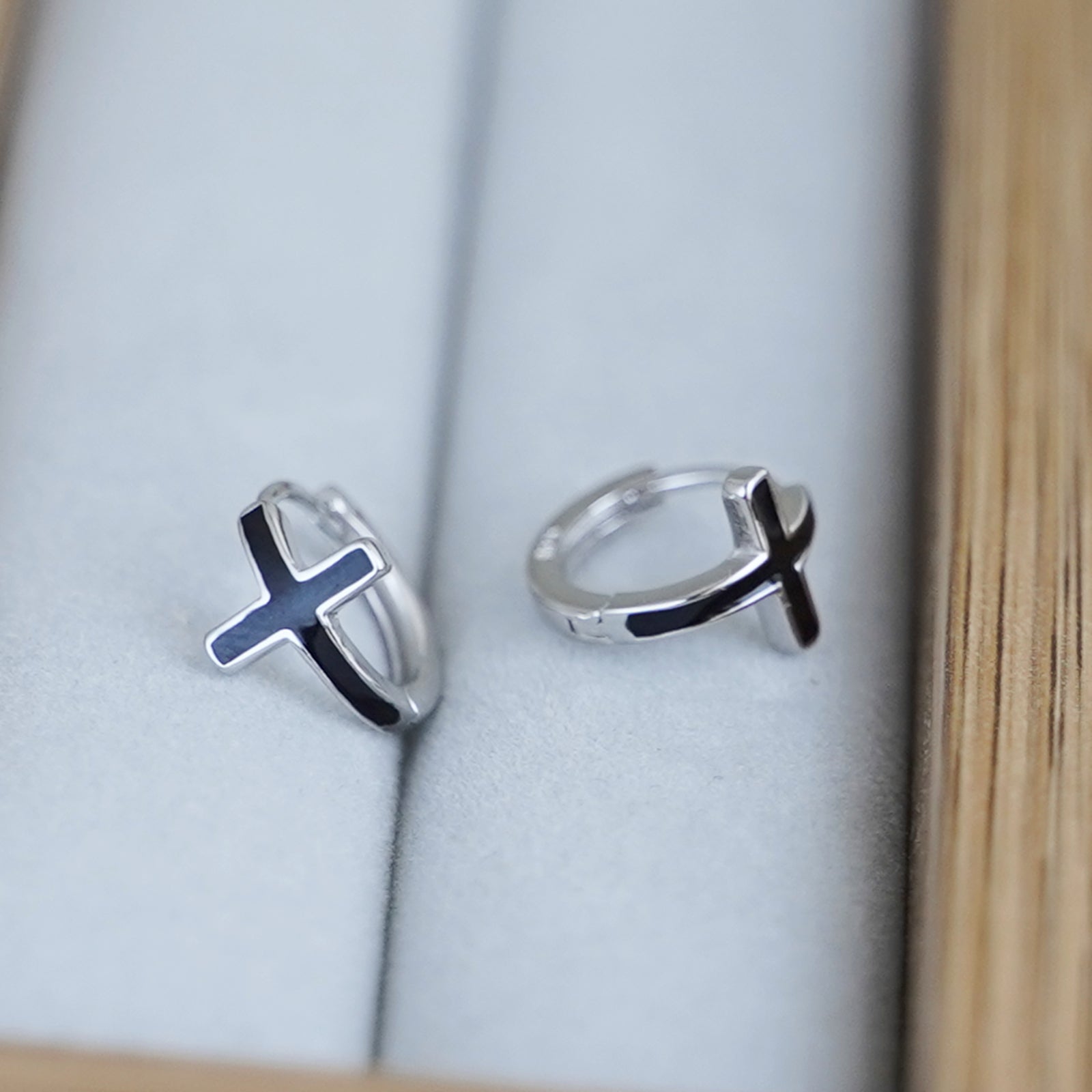 9mm Cross Hoop Earrings in Sterling Silver with Black Glaze - sugarkittenlondon