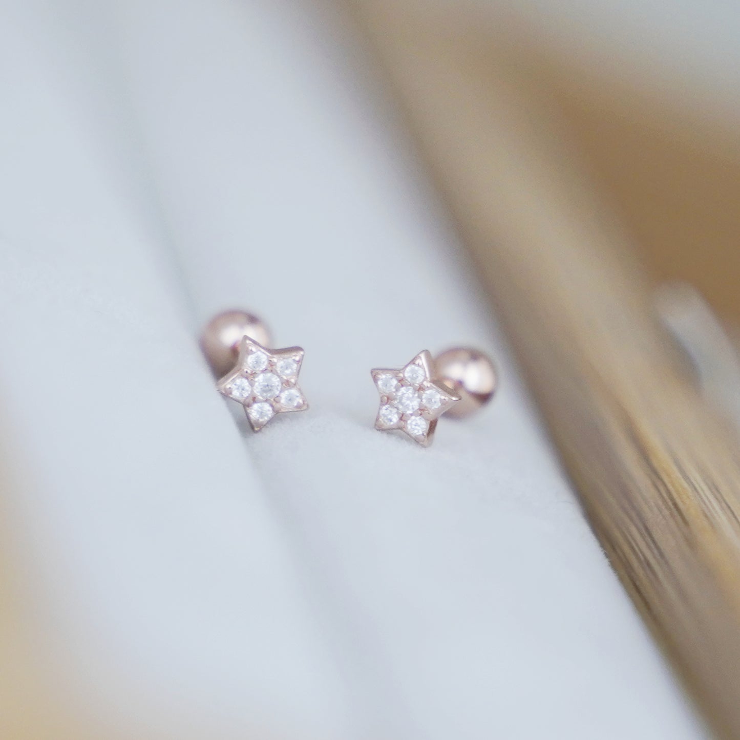 Sterling Silver Mini Shiny CZ Star Barbell Bead Ball Screw Back Earrings 3 Tones - sugarkittenlondon