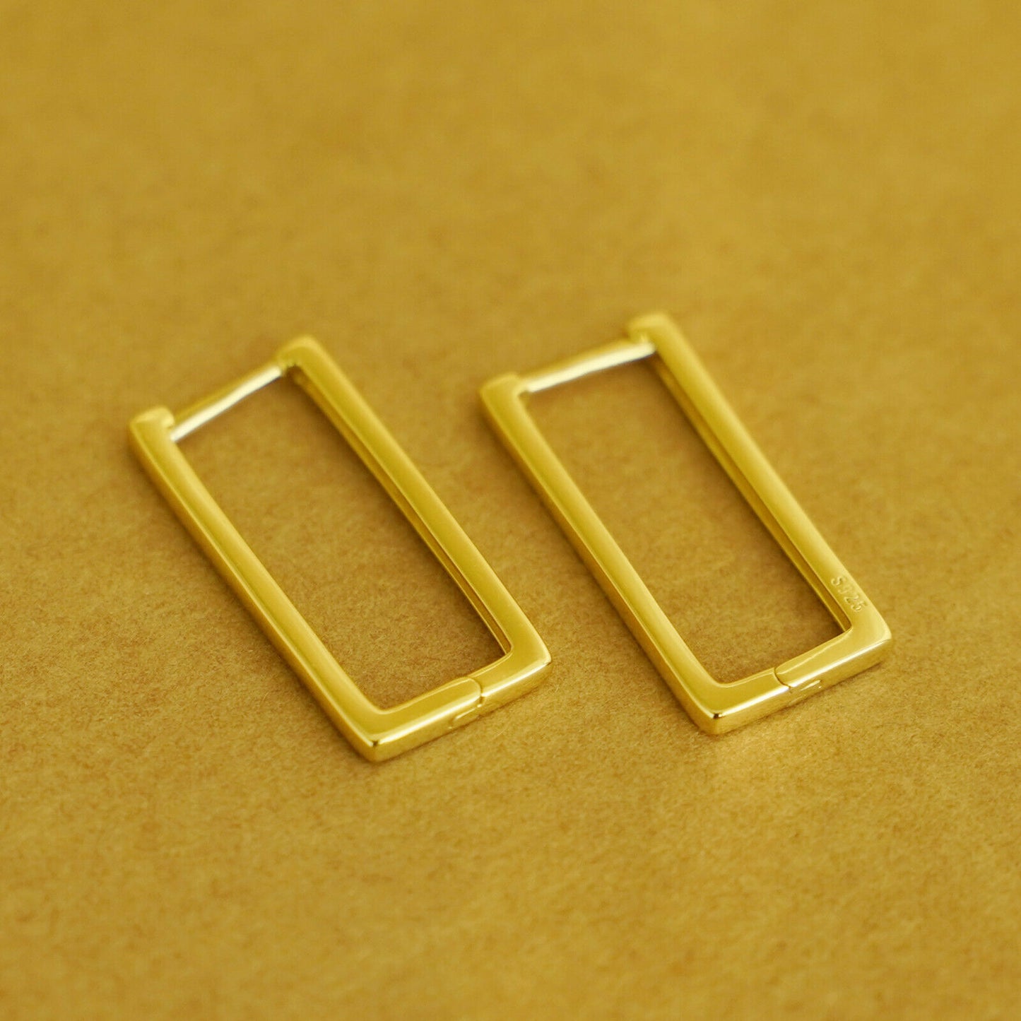 18K Gold on Sterling Silver Simple Long Line Square Huggie Hoop Drop Earrings - sugarkittenlondon