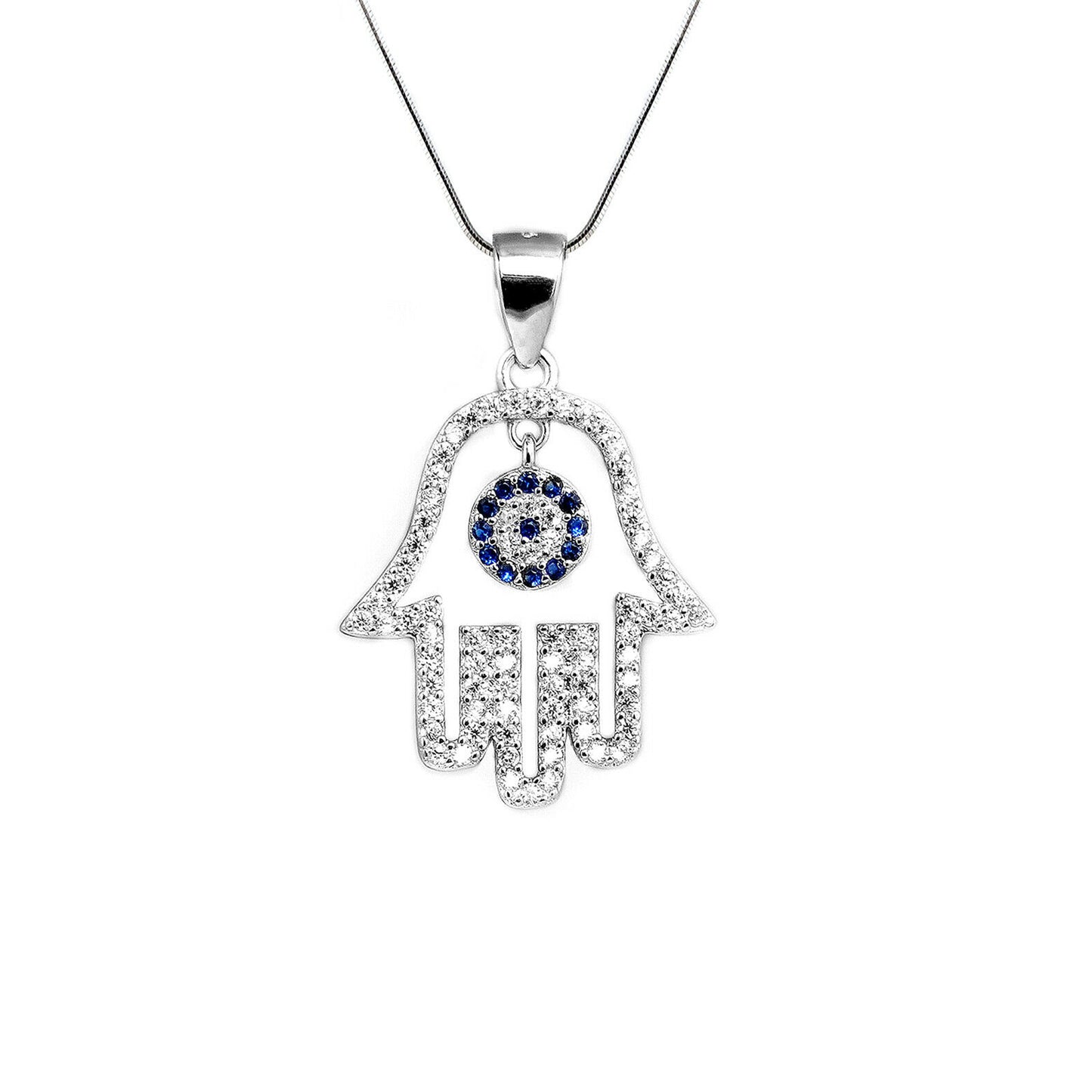 Sterling Silver Blue Paved CZ Evil Eye Hamsa Hand of Fatima Pendant Necklace - sugarkittenlondon