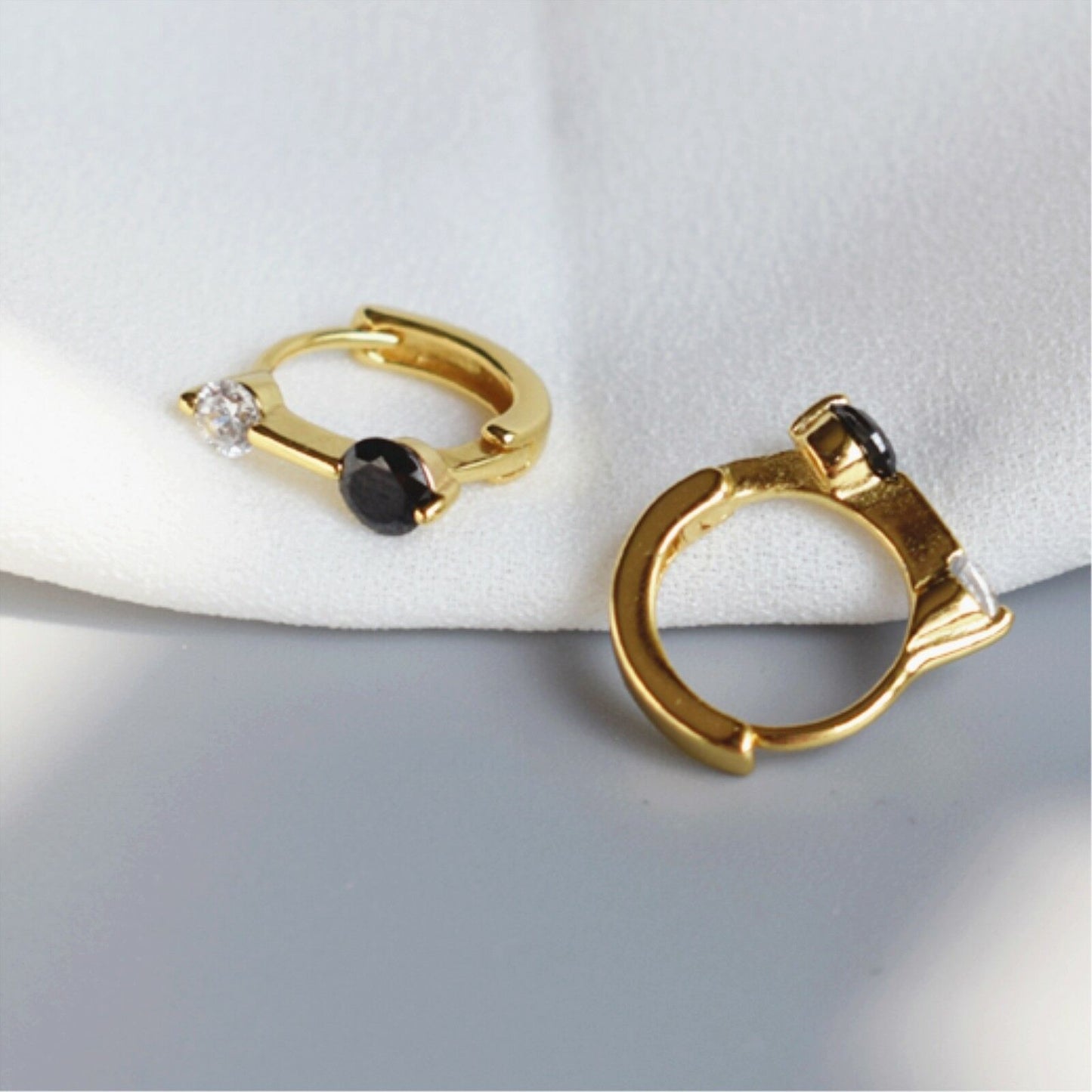 18K Gold Plated Sterling Silver Black and White CZ Huggie Hoop Bar Earrings - sugarkittenlondon