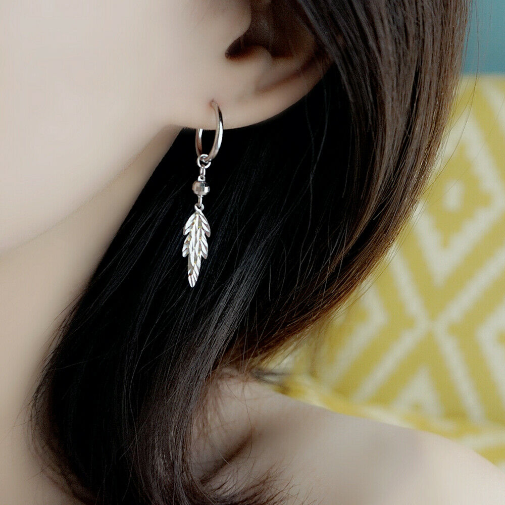 Sterling Silver Long Sleeper Disco Ball Bead Leaf Drop Circle Earrings - sugarkittenlondon