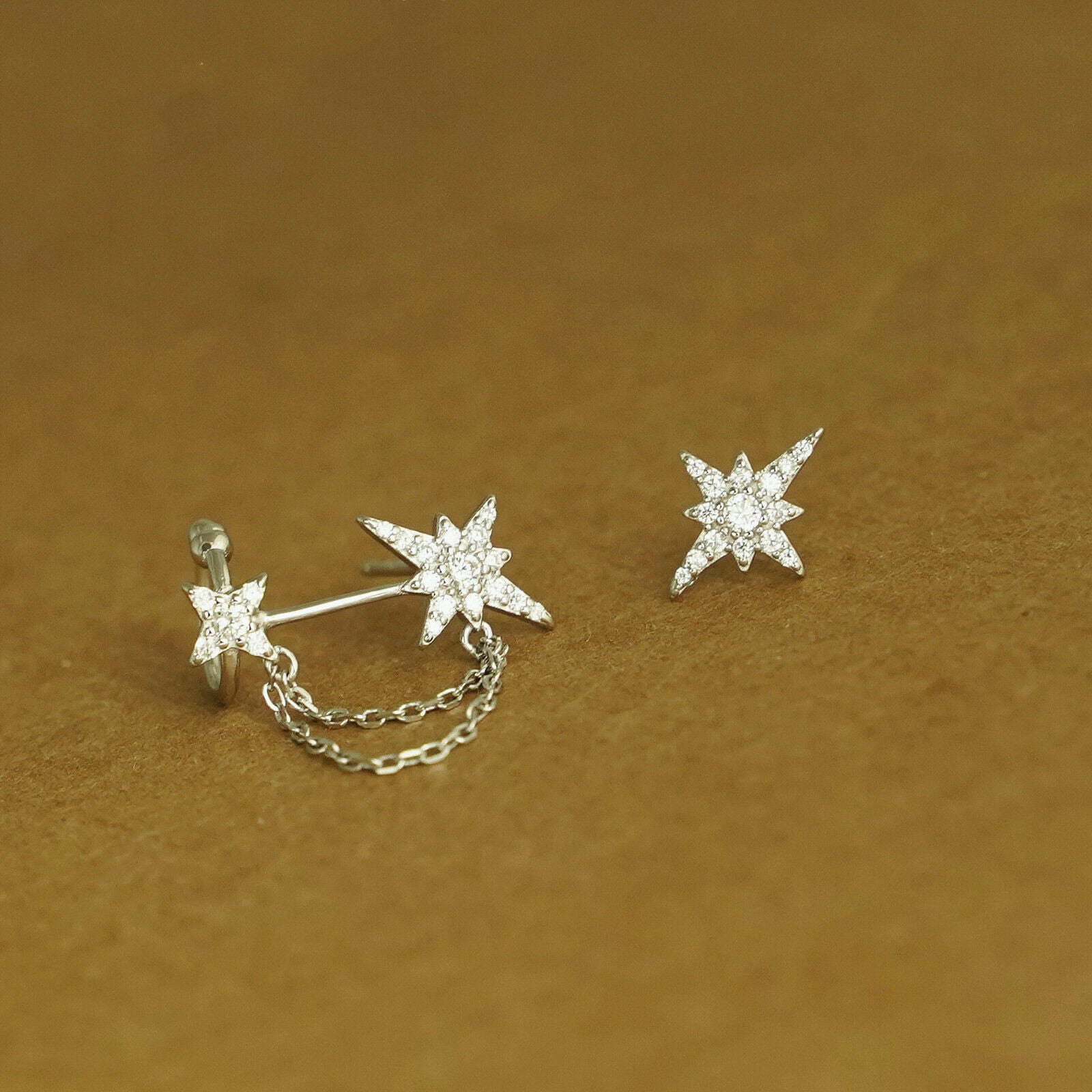 Sterling Silver Paved CZ Pole Star Chain Cuff Asymmetrical Earrings - sugarkittenlondon