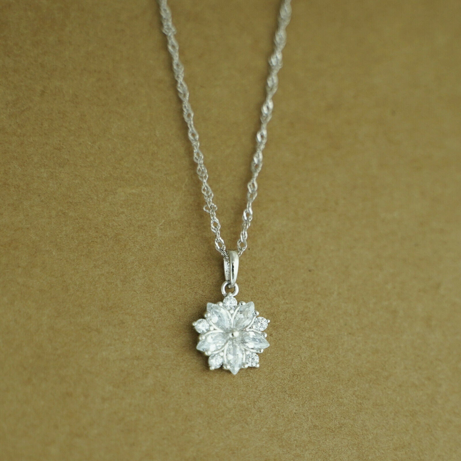 Sterling Silver CZ Crystal Snowflake Flower Pendant Necklace 3 Chains - sugarkittenlondon