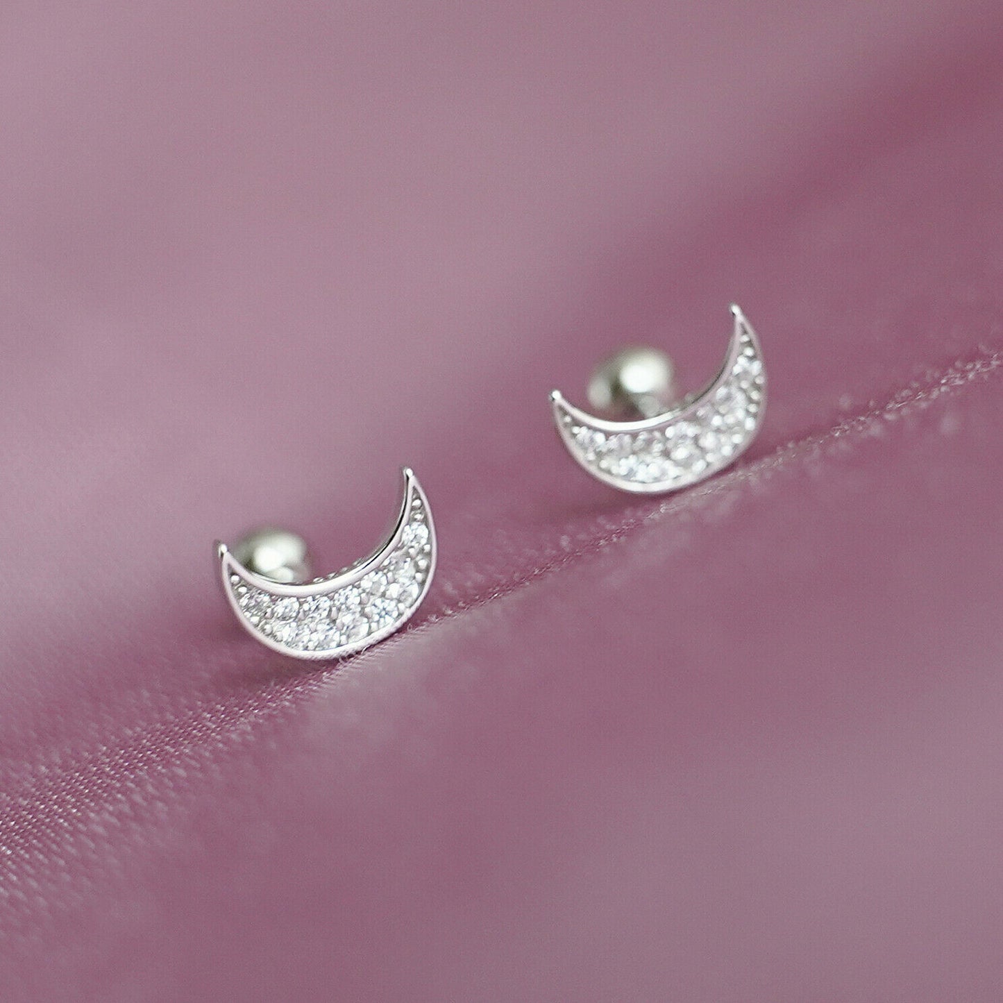 Sterling Silver Cubic Zirconia Moon Barbell Bead Ball Screw Back Stud Earrings - sugarkittenlondon