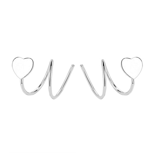 Sterling Silver Heart Reverse Worn Twirl Wire Huggie Faux 2 Piercings Earrings - sugarkittenlondon