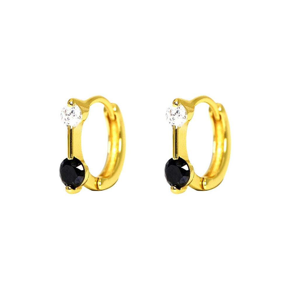 18K Gold on Sterling Silver Black White CZ Huggie Hoop Bar Earrings Boxed - sugarkittenlondon