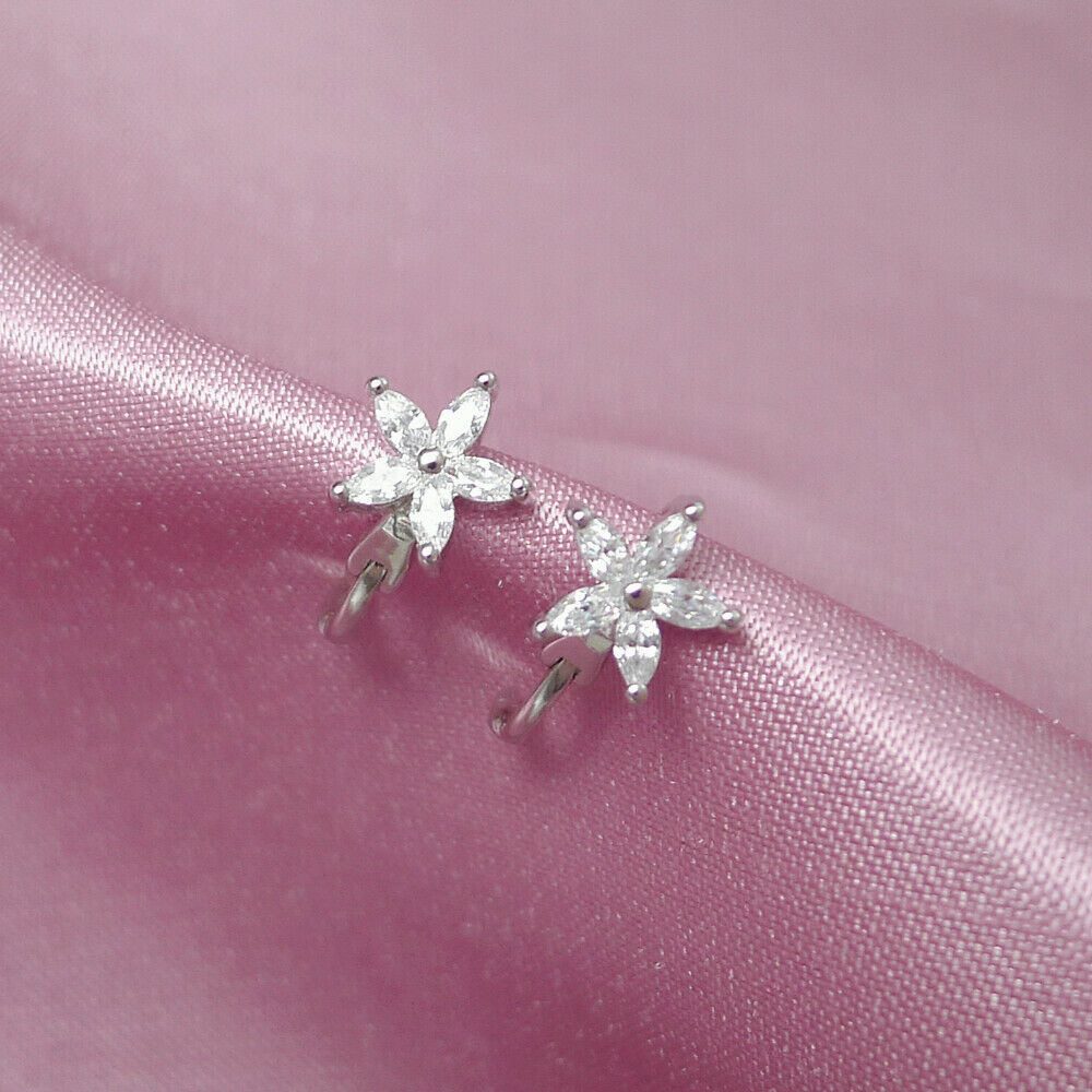 925 Sterling Silver Flower Huggie Hoop Earrings with CZ Accents 2 Tones - sugarkittenlondon