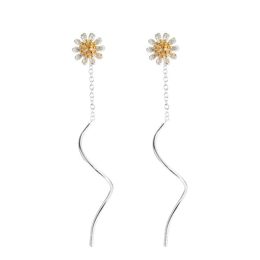 Sterling Silver Sun Flower Daisy Pull Through Wave Threader Dangle Earrings - sugarkittenlondon