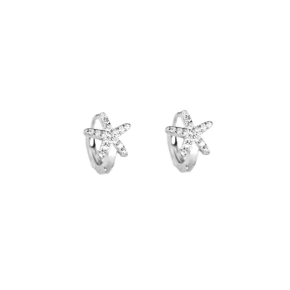 Sterling Silver 7mm Hoop Small Paved CZ SEA STAR Starfish Huggie Earrings - sugarkittenlondon
