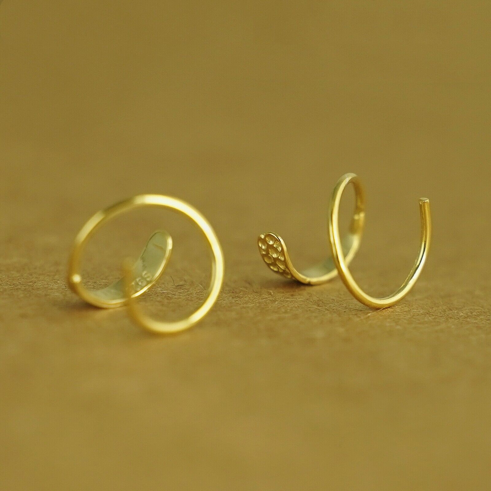 Gold on Sterling Silver Hammered Twirl Wire Huggie Faux 2 Piercings Earrings - sugarkittenlondon