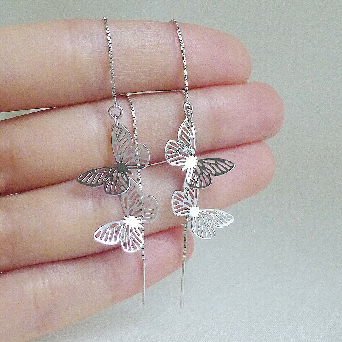 Sterling Silver Butterfly Threader Earrings - Lightweight Dangle Drop Pull Through Ear Jewelry - sugarkittenlondon