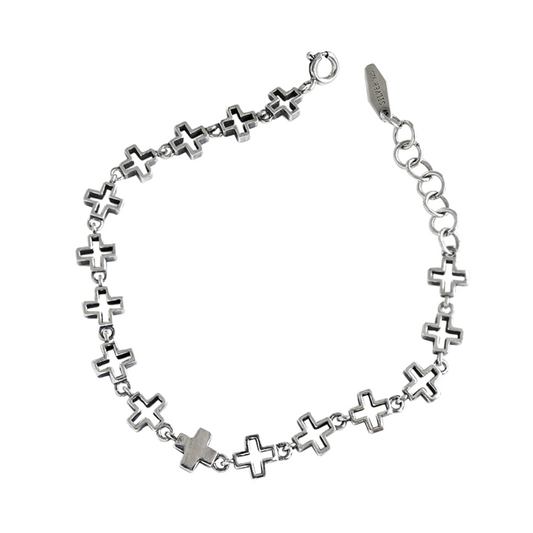 Sterling Silver Oxidized Linked Sideways Cross Horizontal Chain Bracelet - sugarkittenlondon