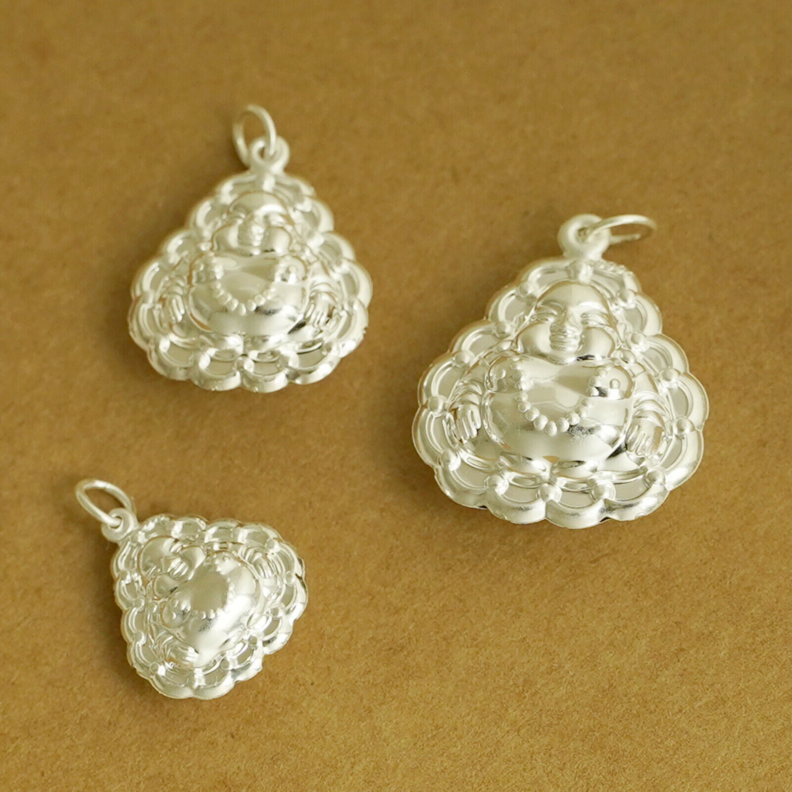 Fine Silver 990 Hollow Double Sided Happy Buddha Halo Floral Edge Pendant - sugarkittenlondon