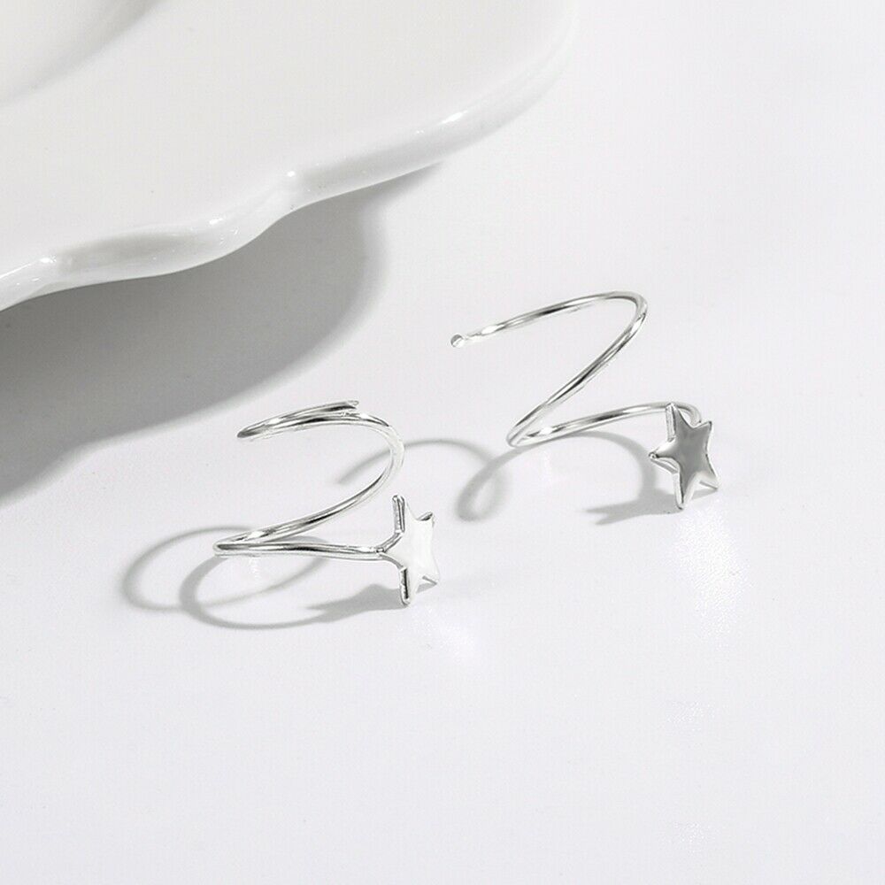 Sterling Silver Star Reverse Worn Twirl Wire Huggie Faux 2 Piercings Earrings - sugarkittenlondon
