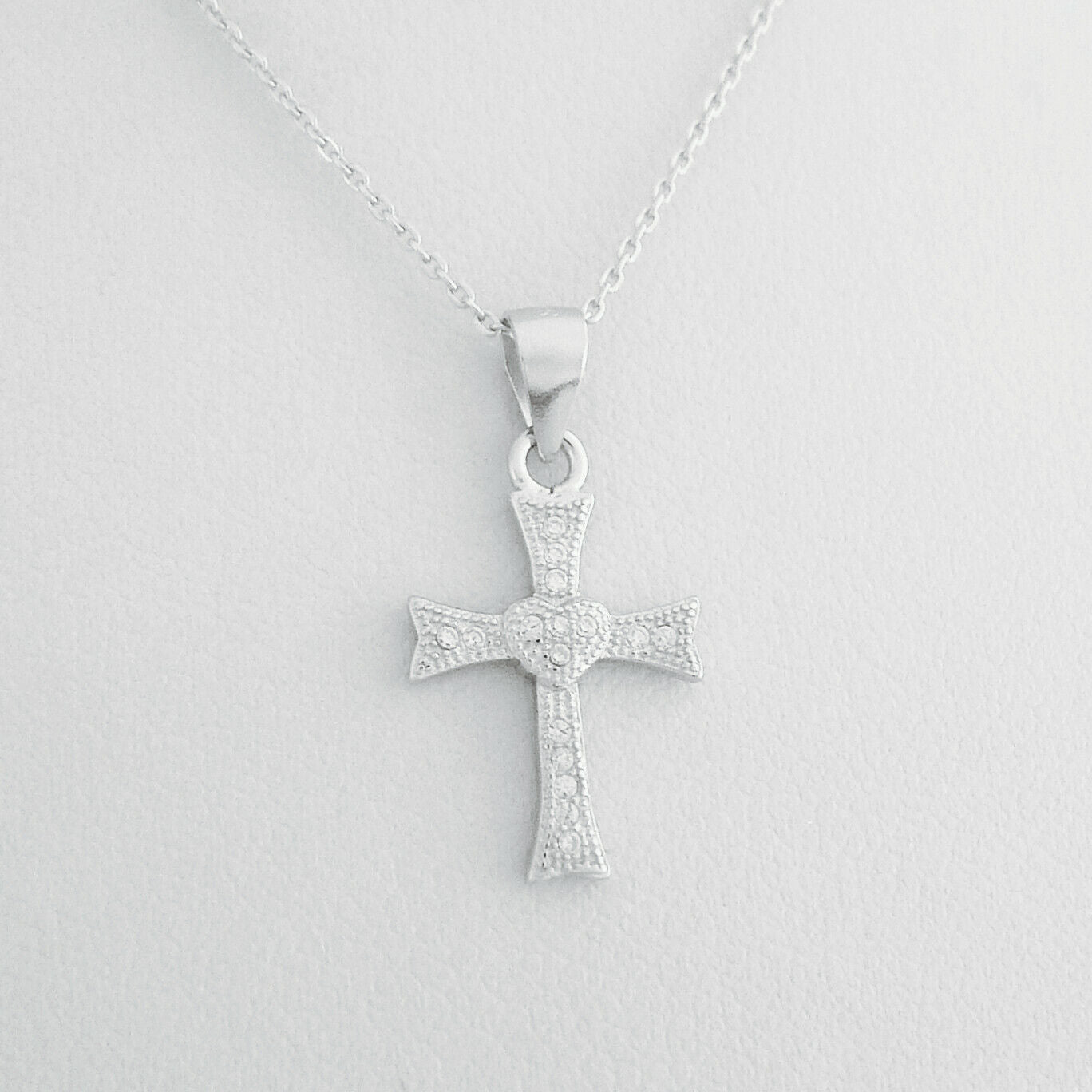 Sterling Silver Heart Cross Paved CZ Pendant Necklace 2 Chains - sugarkittenlondon